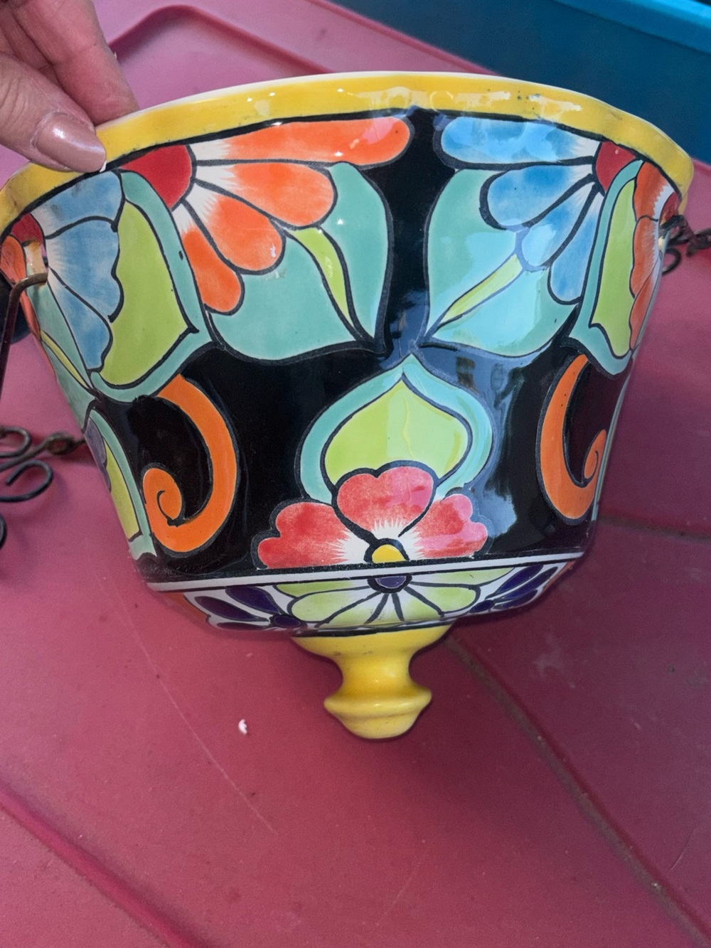 Vintage Hand-Painted Floral Hanging Planter - wraught iron Multicolor Talavera